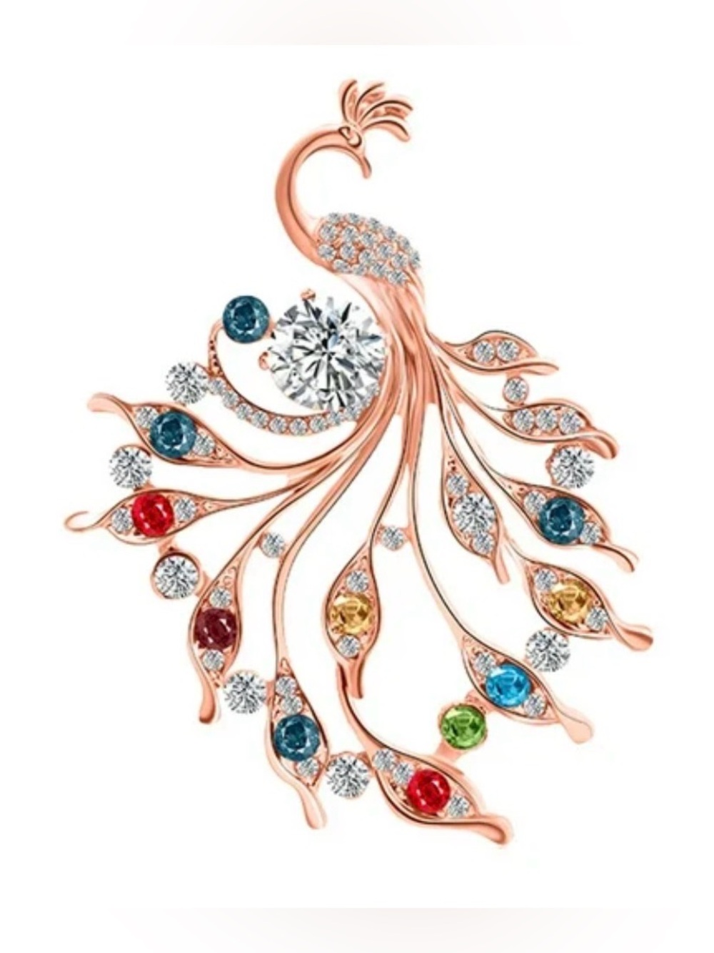 Rose Gold Peacock Brooch with Multicolor Crystals